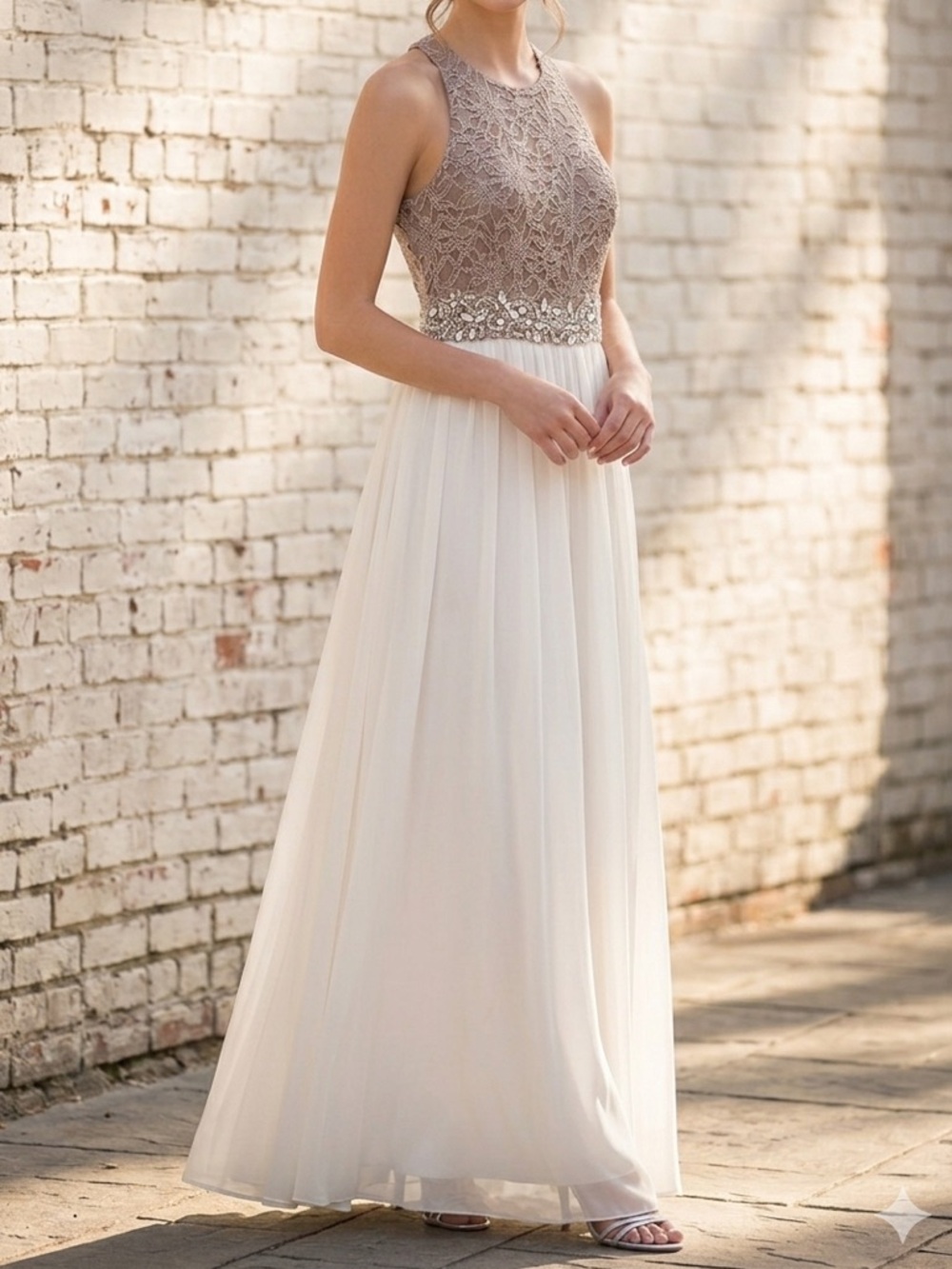 City Triangles Lace & Chiffon Maxi Dress Beaded Waist Formal Prom Bridesmaid NWT
